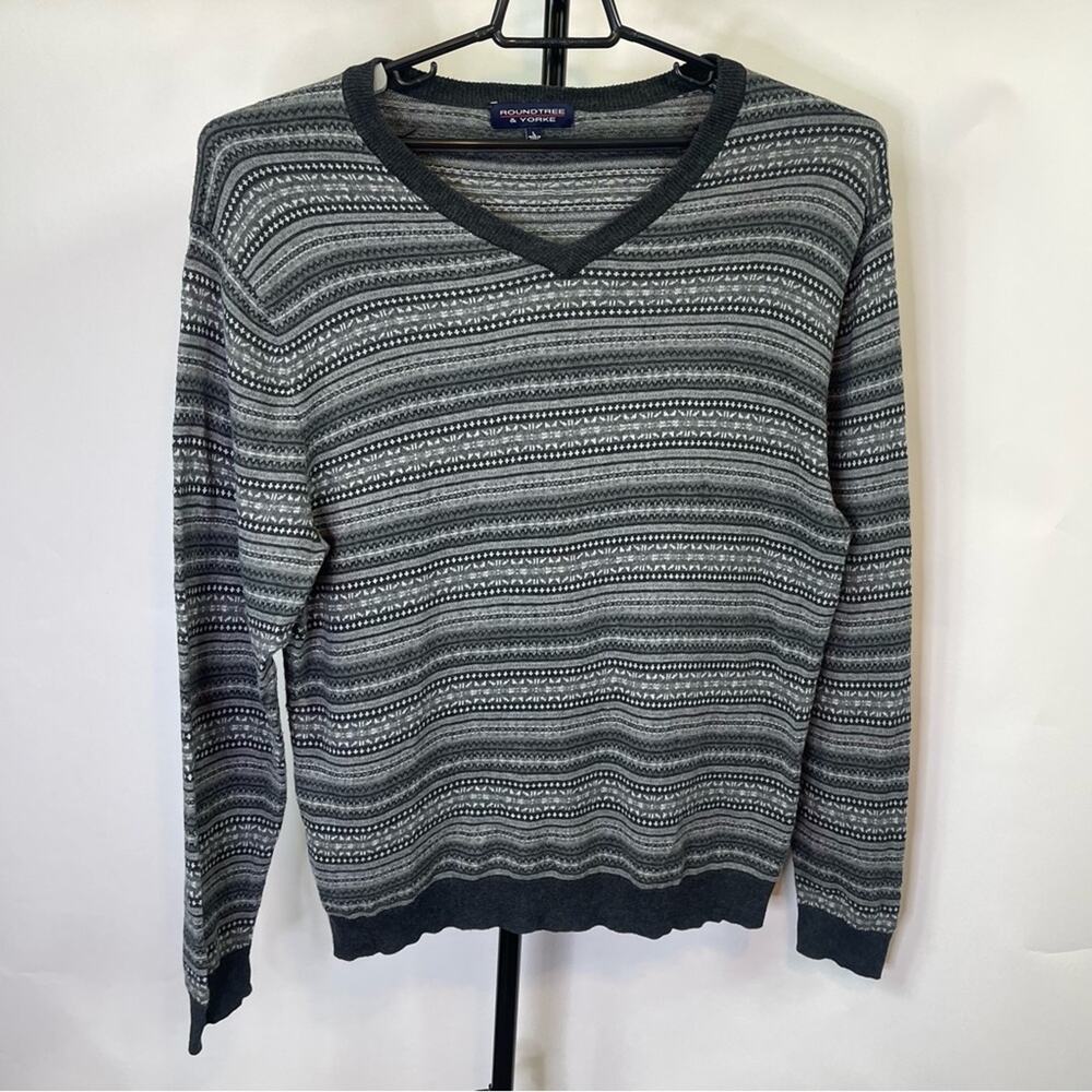 Roundtree & Yorke Striped Grey White Sweater Size Large Mens